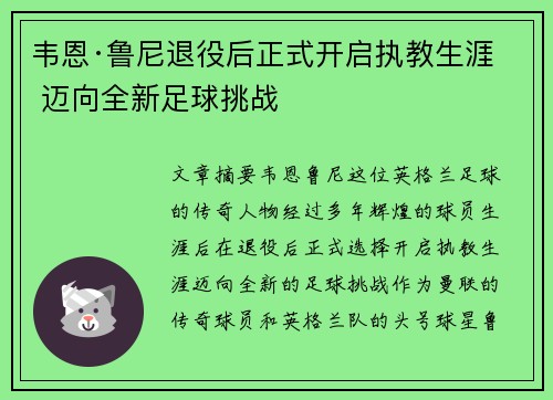 韦恩·鲁尼退役后正式开启执教生涯 迈向全新足球挑战