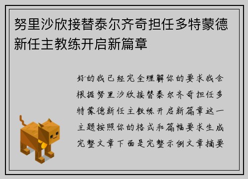 努里沙欣接替泰尔齐奇担任多特蒙德新任主教练开启新篇章