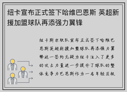 纽卡宣布正式签下哈维巴恩斯 英超新援加盟球队再添强力翼锋
